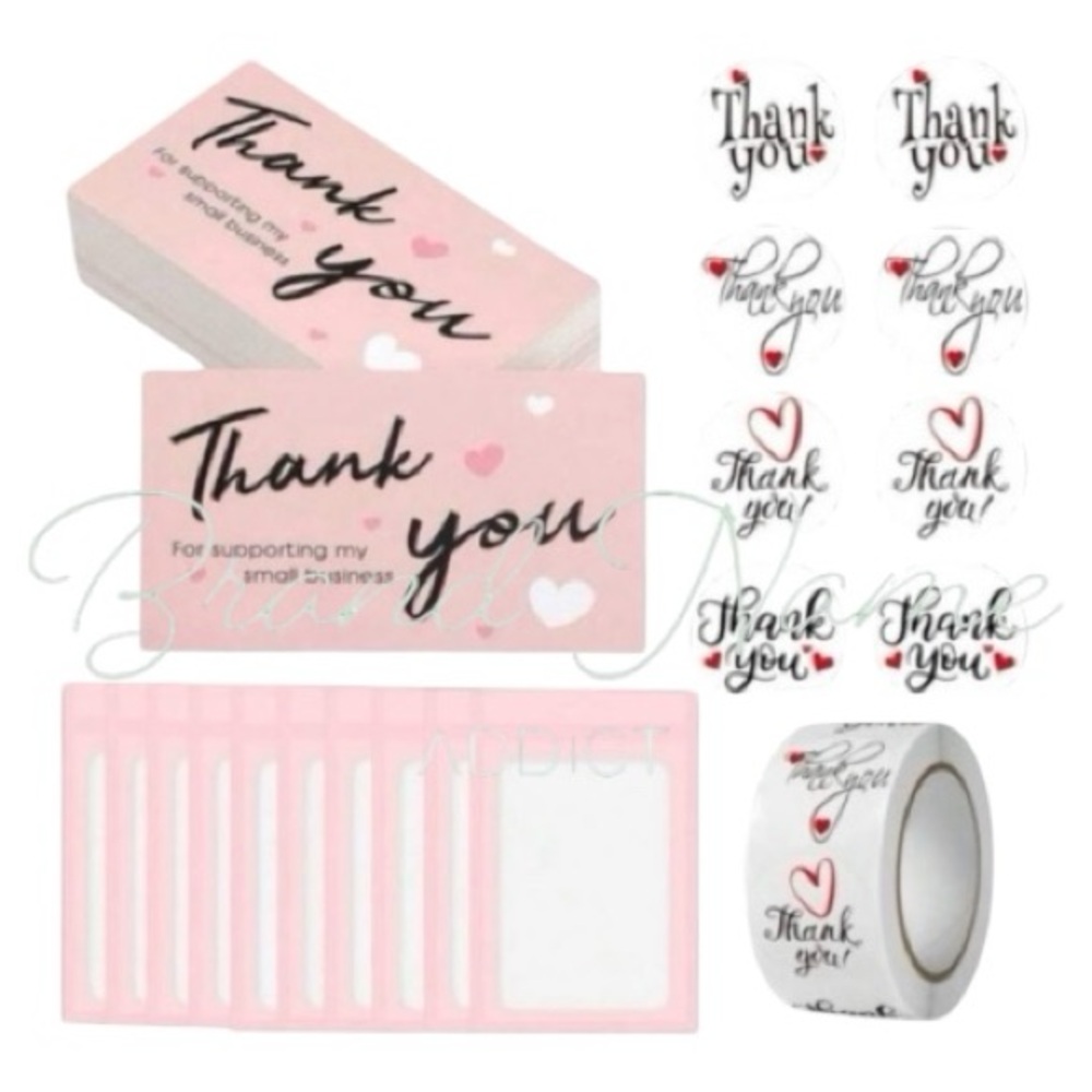 570 Piece Set of Pink Thank You Card Resealable Bag Sticker Bundle